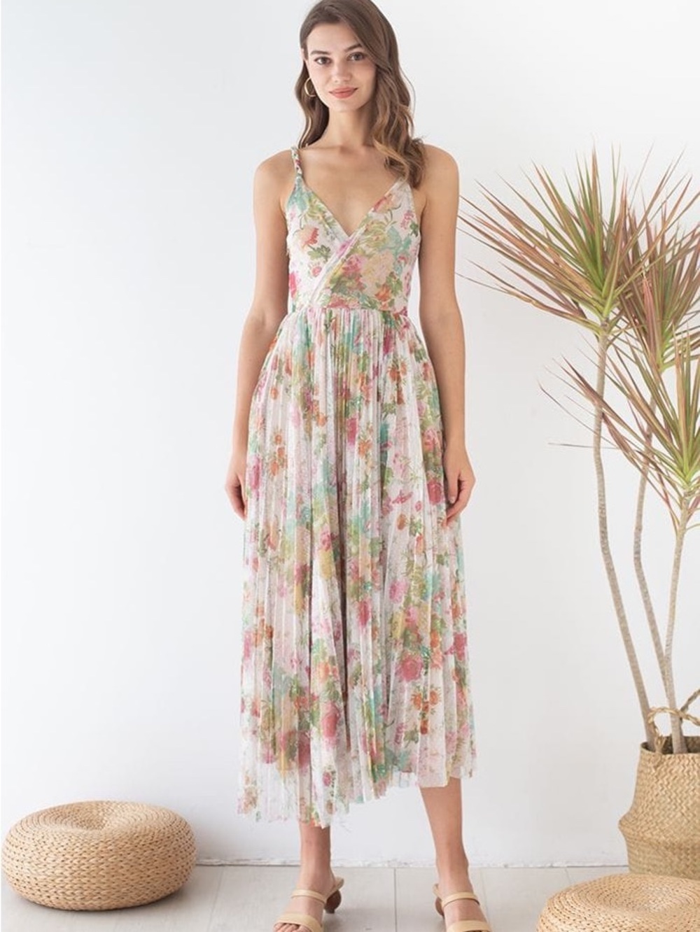 Chicwish Floral Pleated Mesh Cami Dress